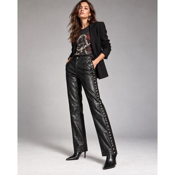 Steve Madden Pants - Steve Madden Vintage Y2K Genuine Leather Pants 10 Black Studded Moto Rocker